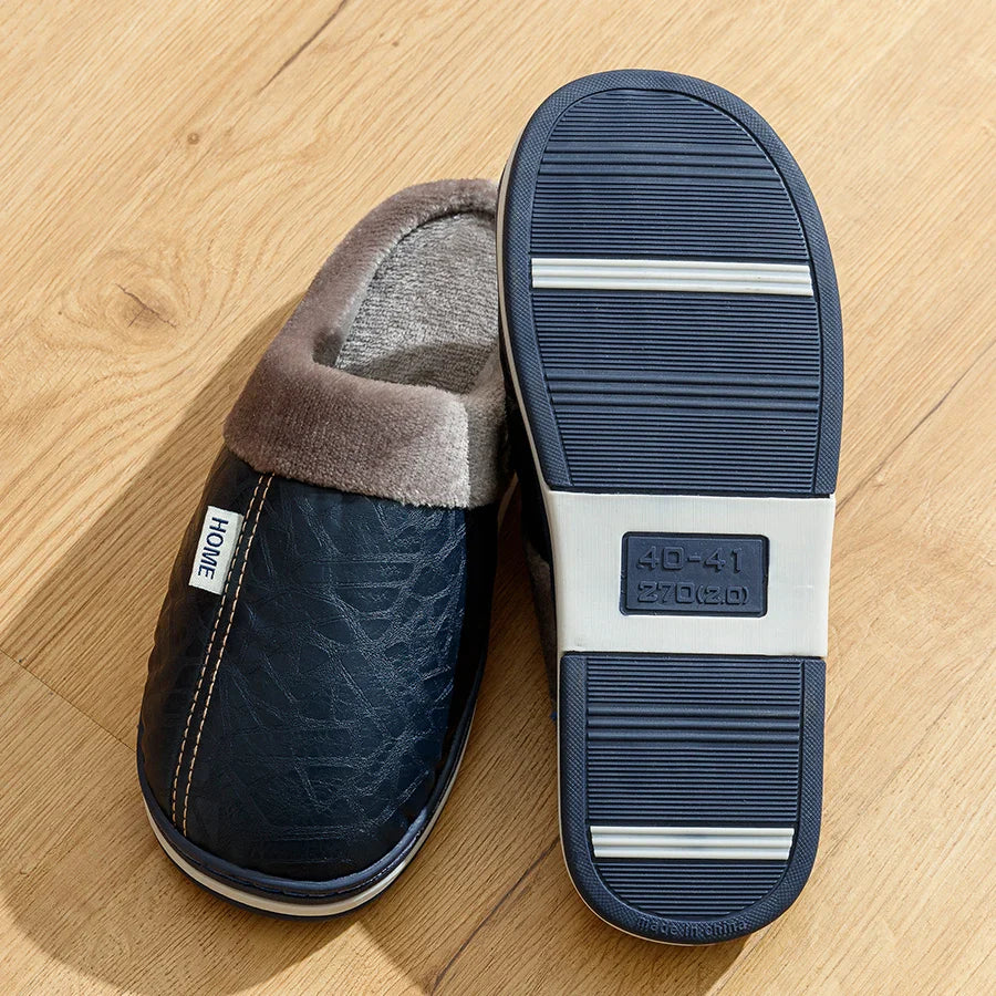 Men’s Winter Warm Slippers – Faux Leather Design & Soft Fur Lining