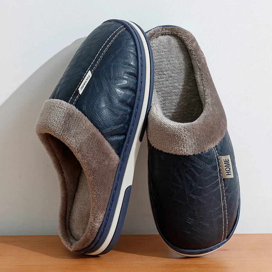 Men’s Winter Warm Slippers – Faux Leather Design & Soft Fur Lining