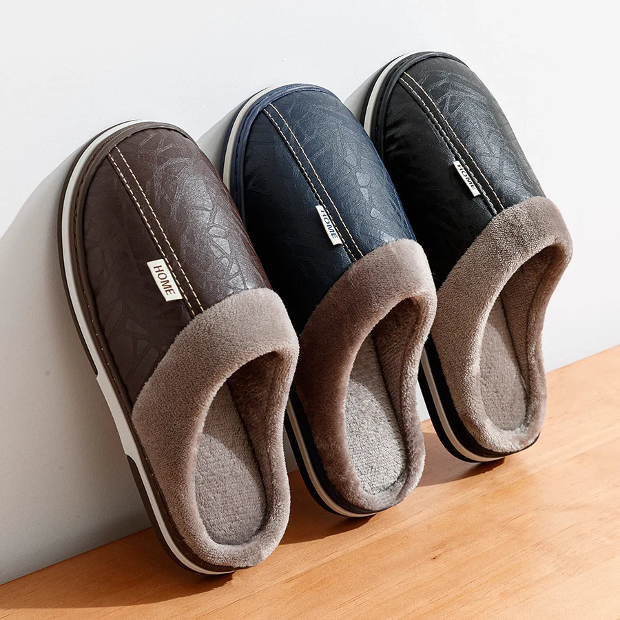 Men’s Winter Warm Slippers – Faux Leather Design & Soft Fur Lining