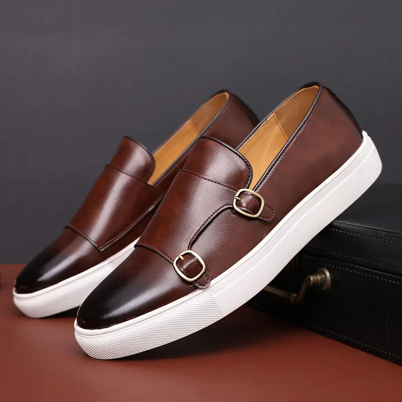 Men’s Luxury Leather Loafers – Double Buckle & White Sole Design