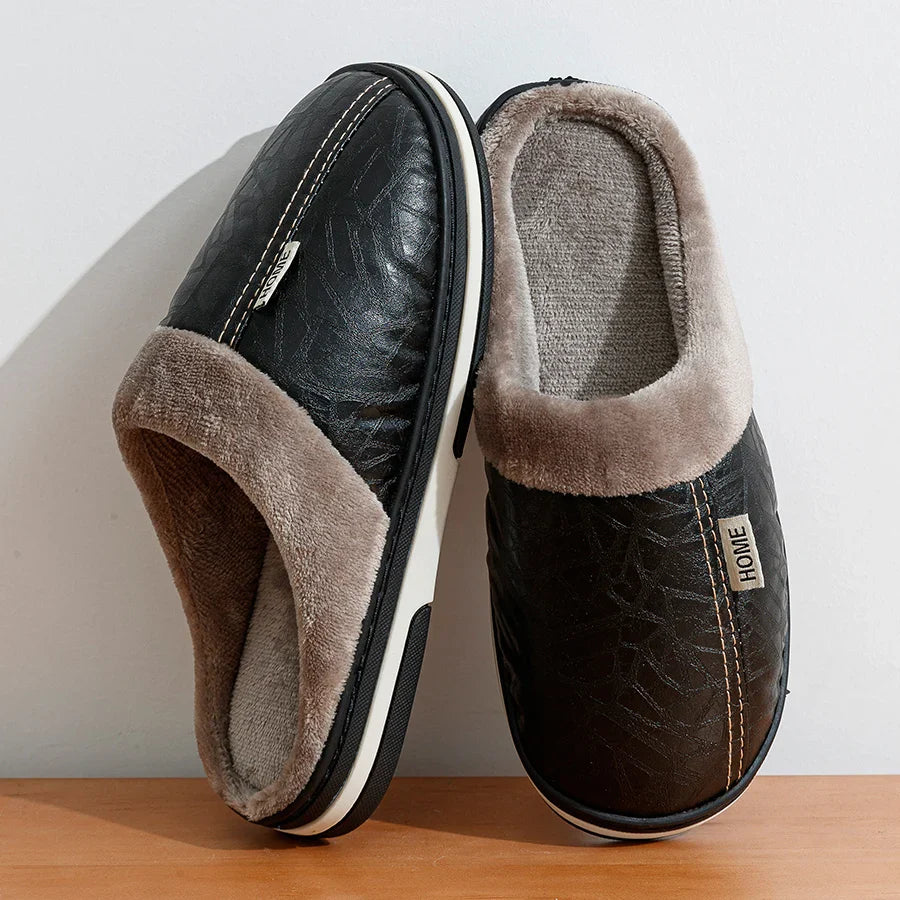 Men’s Winter Warm Slippers – Faux Leather Design & Soft Fur Lining