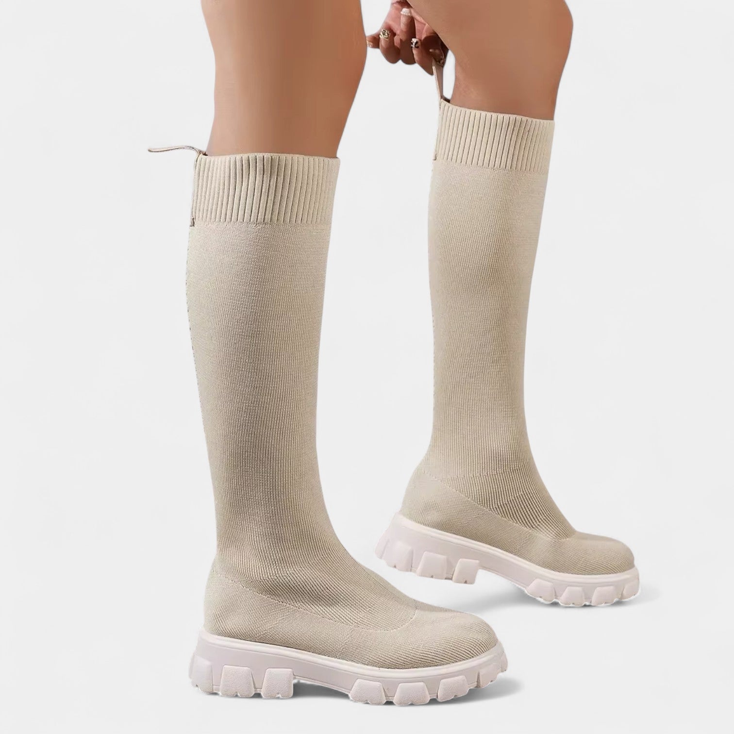 Women’s Sock Knee-High Boots – Chunky Sole, Pull-On Fit