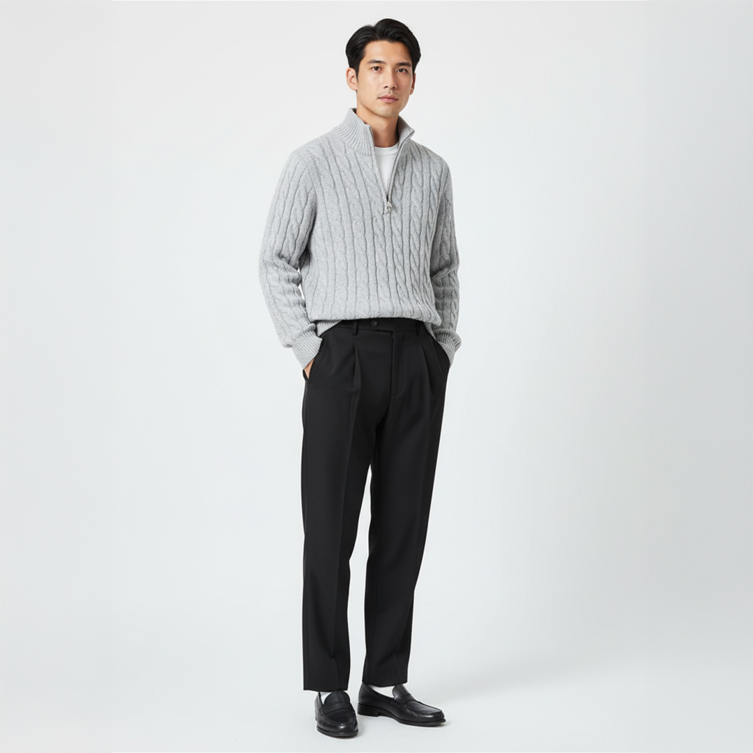 Cable Knit Zip Sweater & Tailored Trousers Set – Modern Smart Style by Luxoo