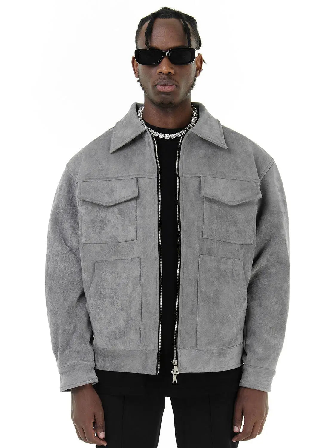 Men’s Premium Suede Cargo Jacket – Modern Grey Streetwear