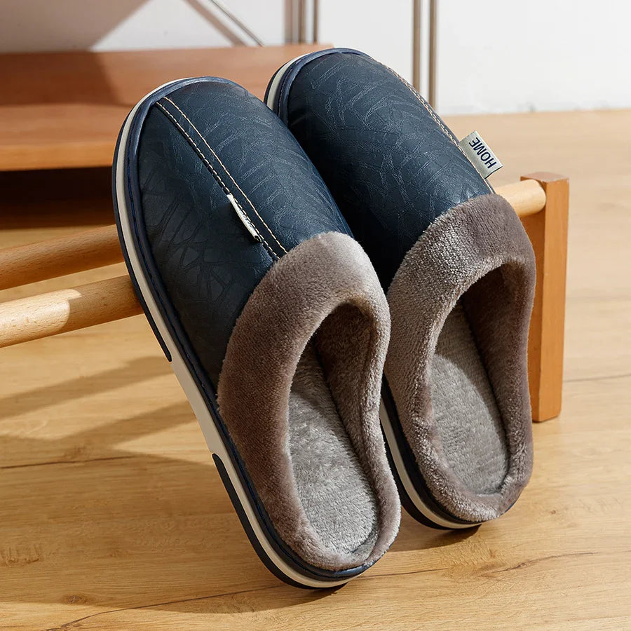 Men’s Winter Warm Slippers – Faux Leather Design & Soft Fur Lining