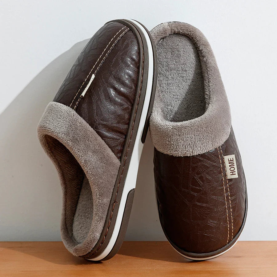 Men’s Winter Warm Slippers – Faux Leather Design & Soft Fur Lining