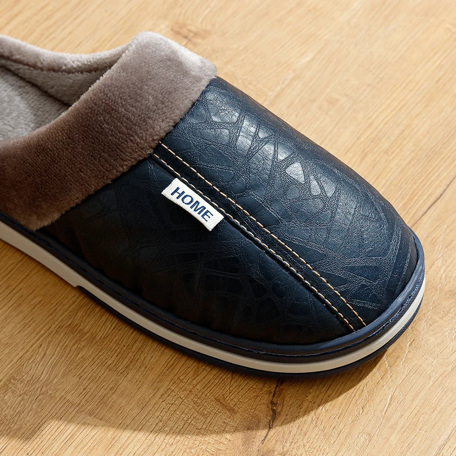 Men’s Winter Warm Slippers – Faux Leather Design & Soft Fur Lining