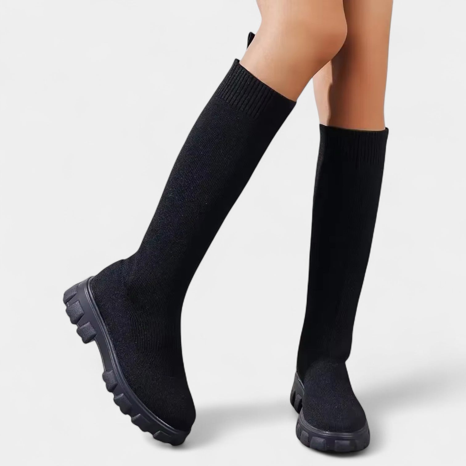 Women’s Sock Knee-High Boots – Chunky Sole, Pull-On Fit
