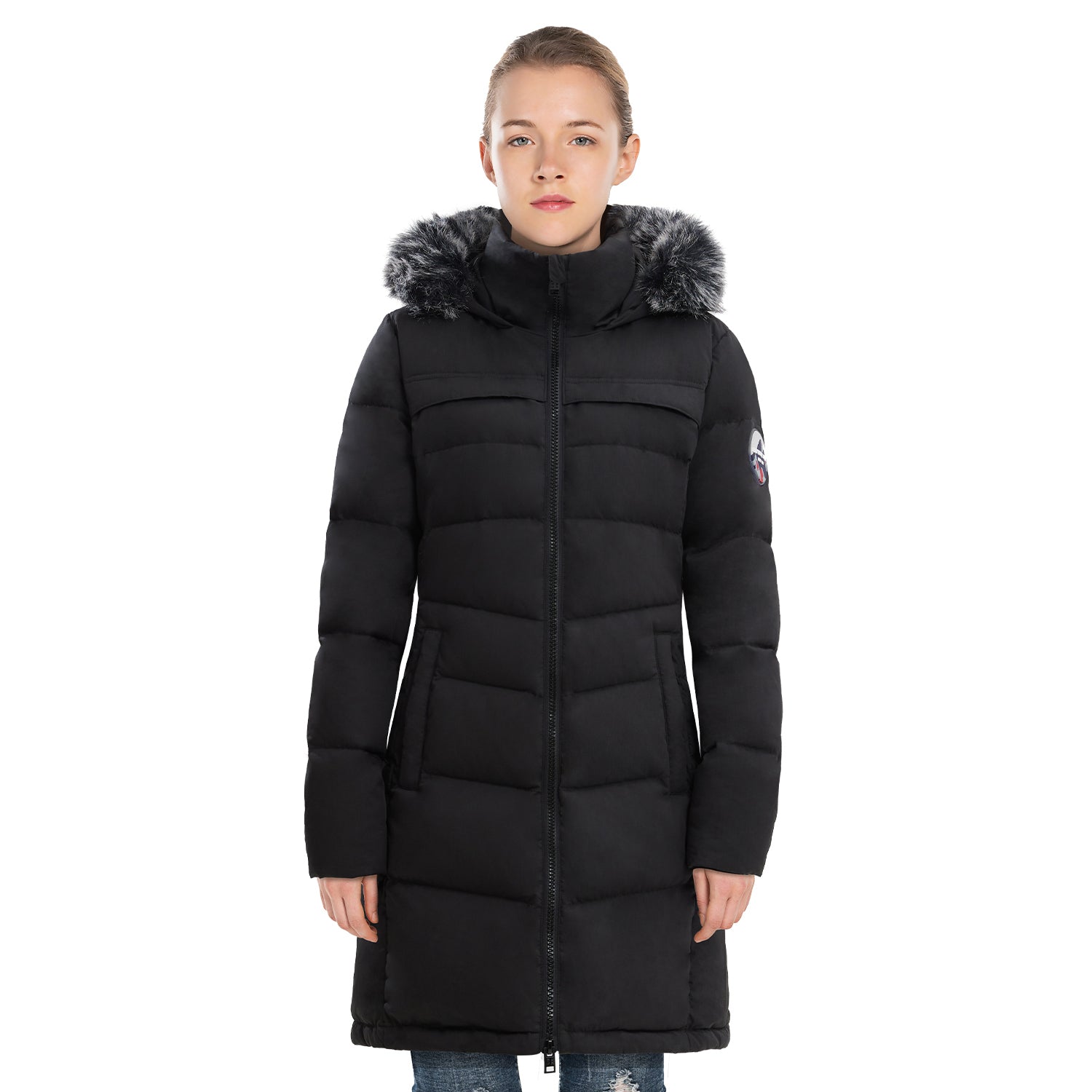 Women’s Long Puffer Coat with Faux Fur Hood – Warm Waterproof Winter Jacket