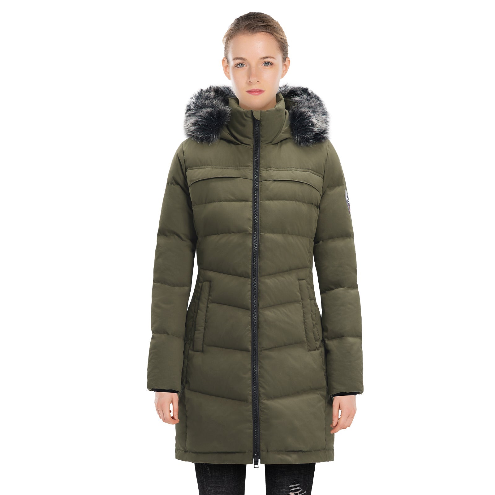 Women’s Long Puffer Coat with Faux Fur Hood – Warm Waterproof Winter Jacket