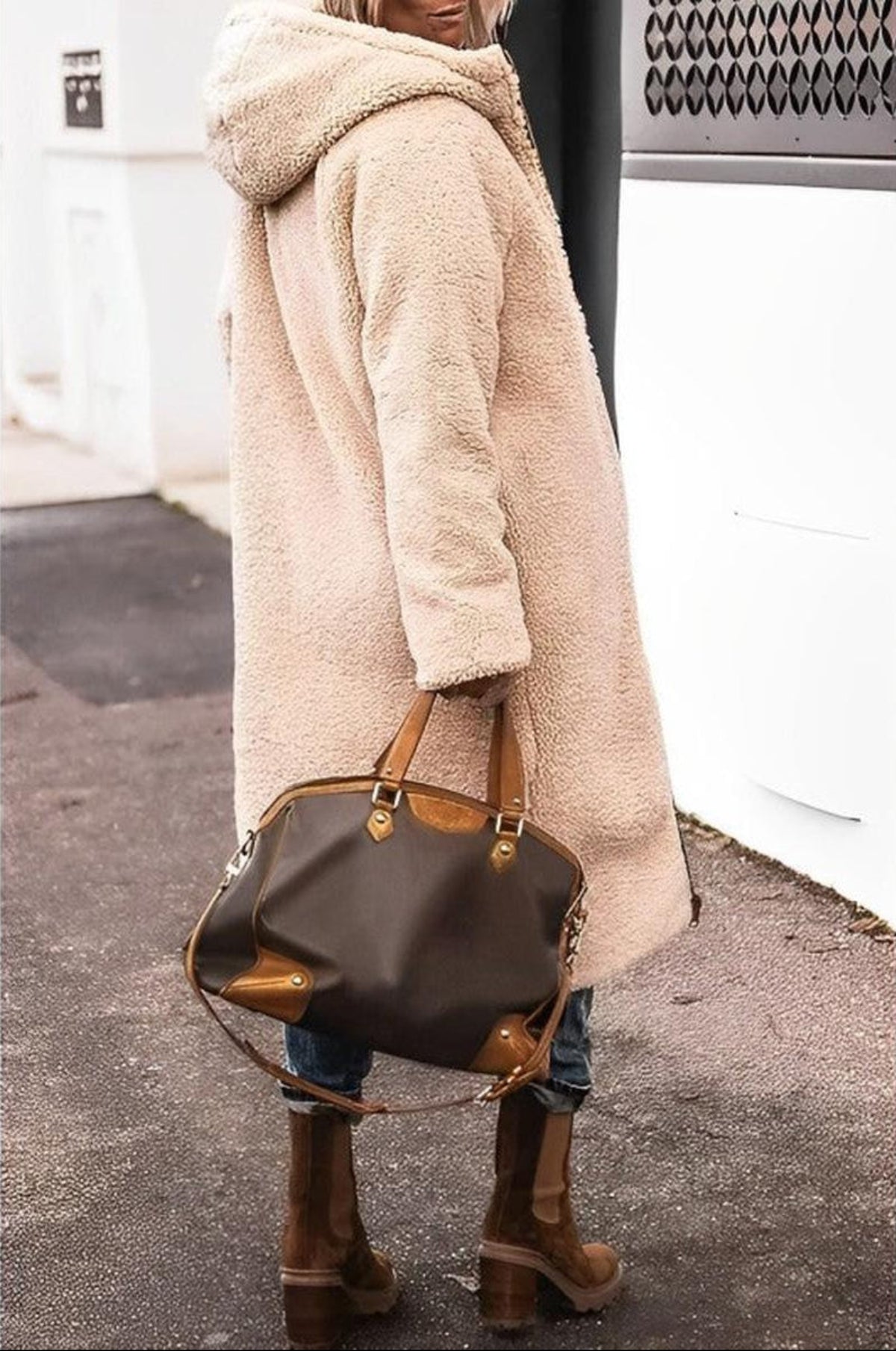 Women's Long Reversible Winter Coat With Hood And Teddy Lining