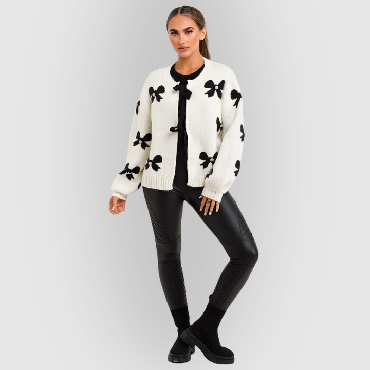 Women’s Bow Knit Cardigan – Soft Oversized Sweater with Bow Details