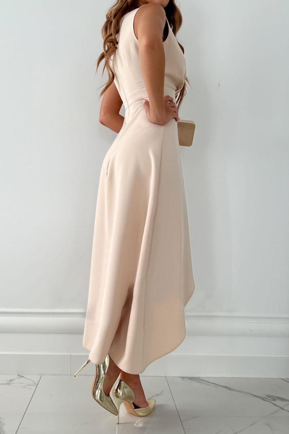 Women’s Elegant Satin Wrap Dress – Champagne Asymmetrical Edition