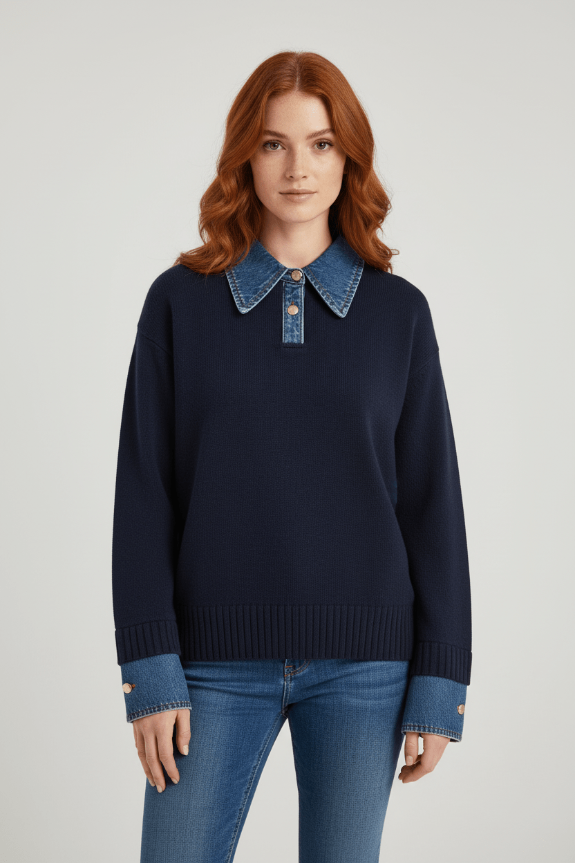 Women’s Relaxed Fit Knit Jumper with Denim Collar and Cuffs