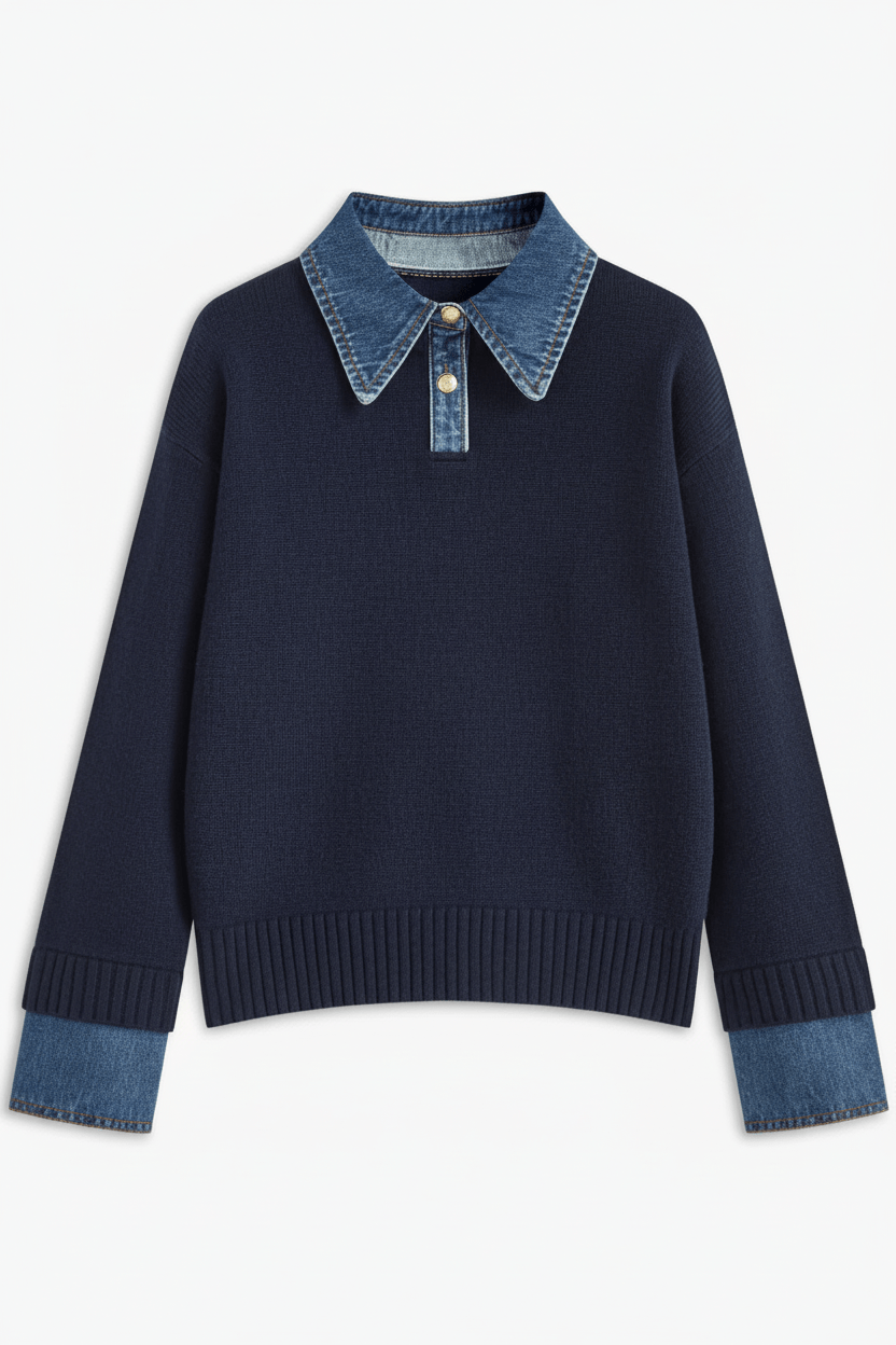Women’s Relaxed Fit Knit Jumper with Denim Collar and Cuffs
