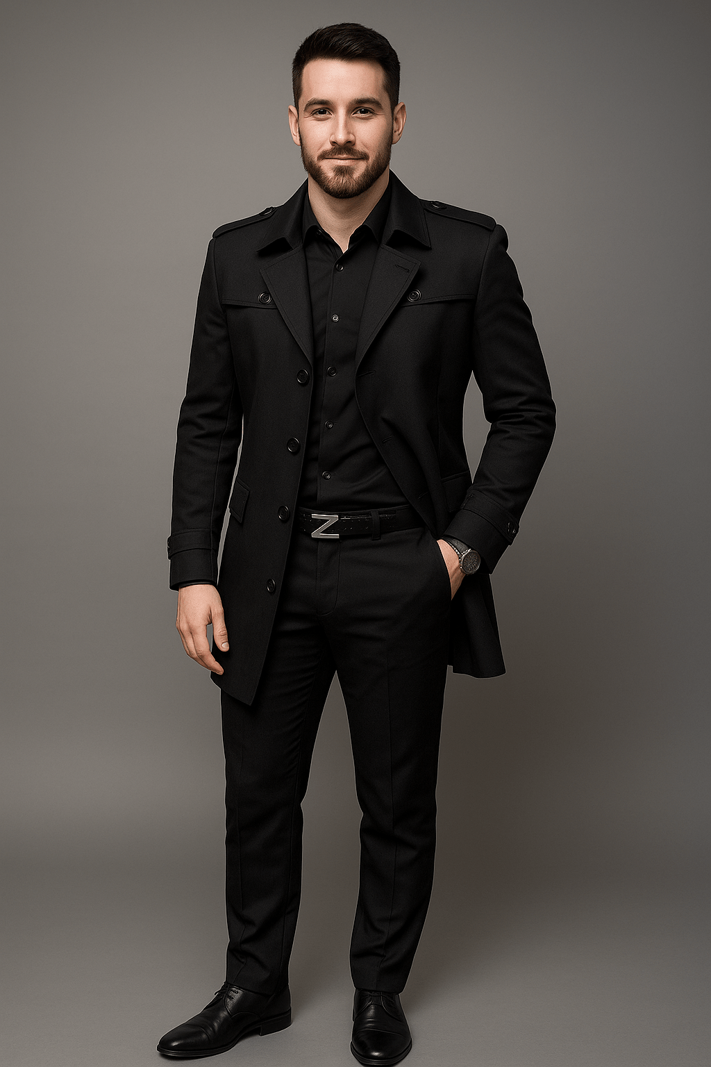 Classic Tailored Trench Coat – Midnight Black