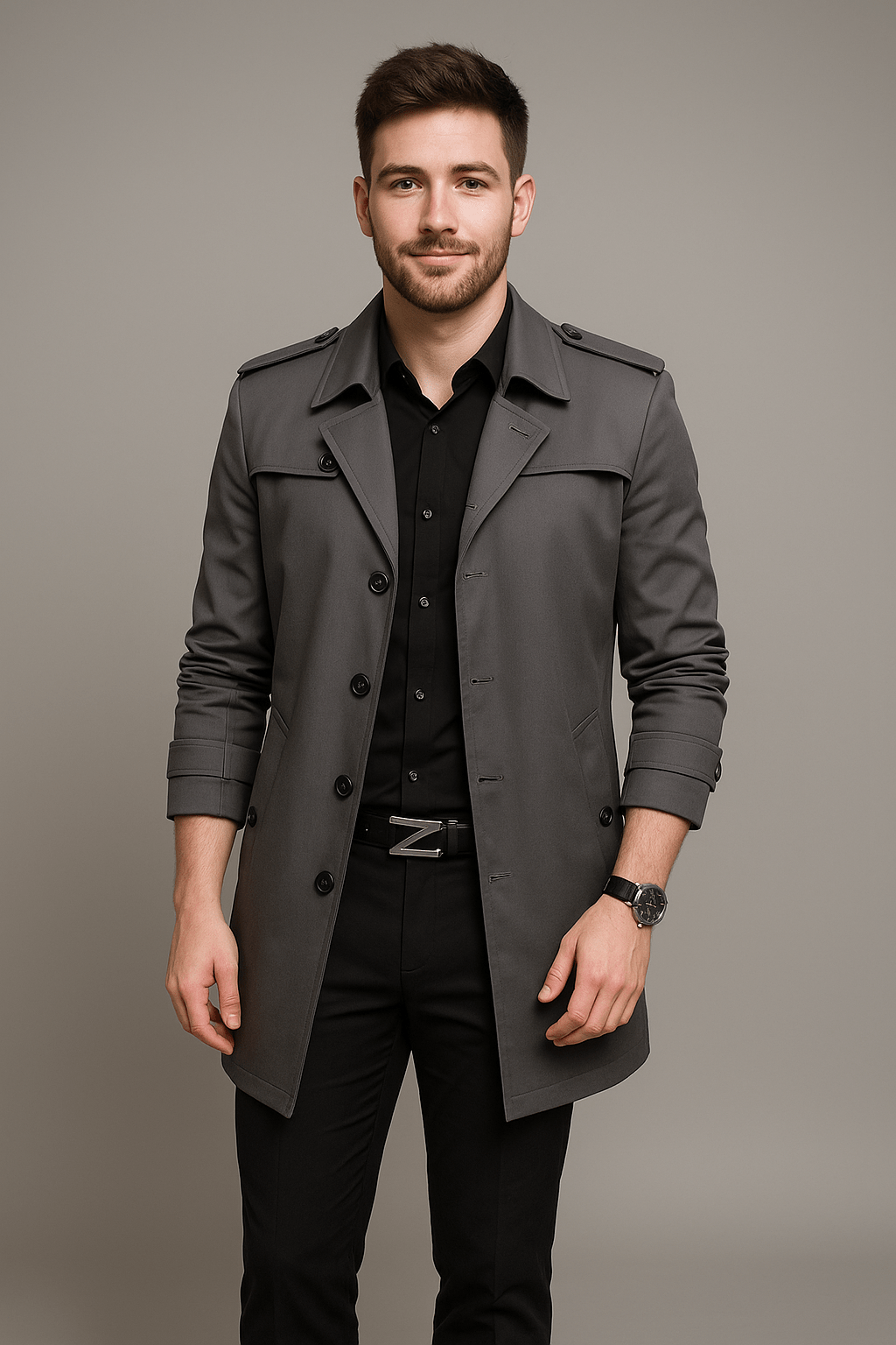 Classic Tailored Trench Coat – Midnight Black