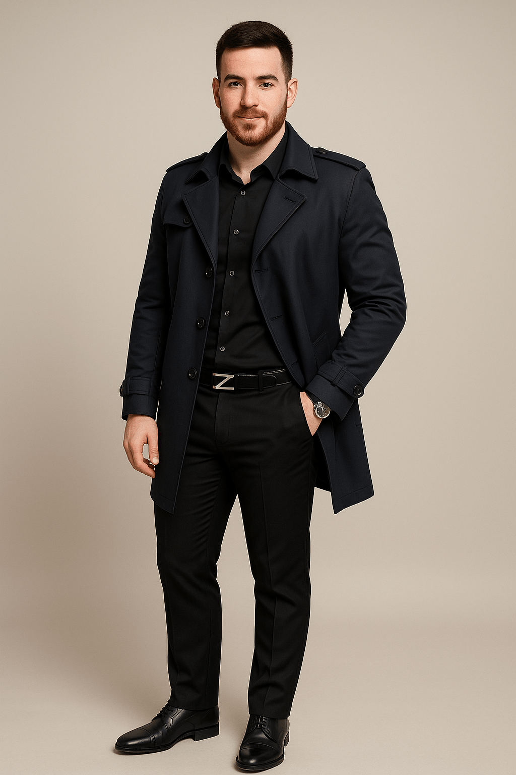 Classic Tailored Trench Coat – Midnight Black