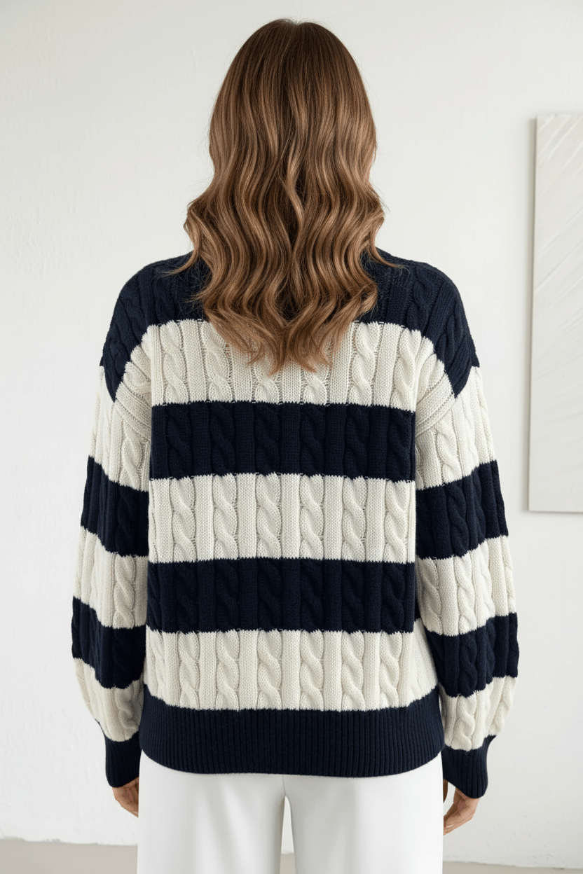 Striped Cable-Knit V-Neck Sweater – Soft, Stylish & Cosy Fit