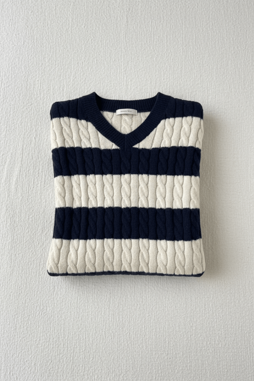 Striped Cable-Knit V-Neck Sweater – Soft, Stylish & Cosy Fit