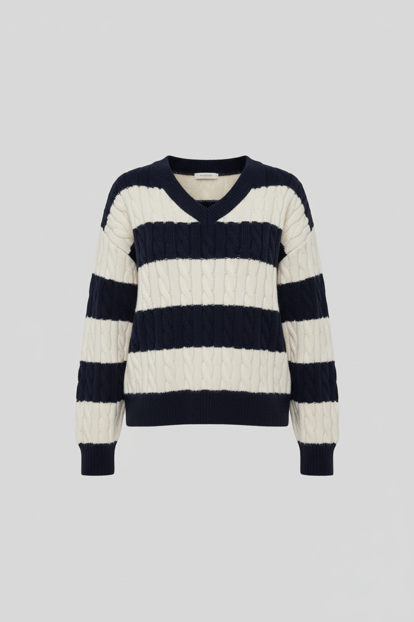 Striped Cable-Knit V-Neck Sweater – Soft, Stylish & Cosy Fit