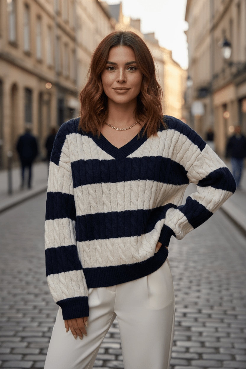 Striped Cable-Knit V-Neck Sweater – Soft, Stylish & Cosy Fit