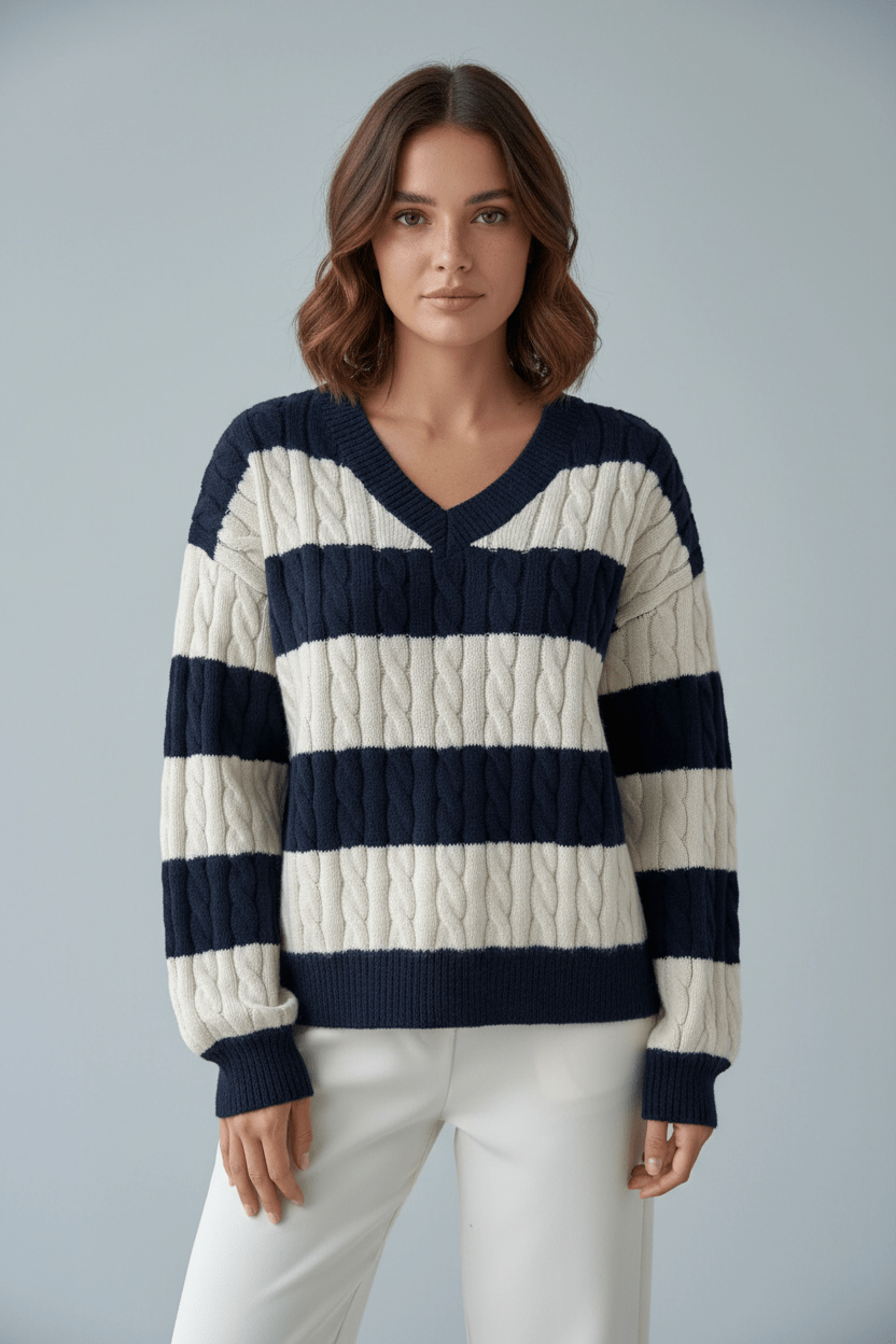 Striped Cable-Knit V-Neck Sweater – Soft, Stylish & Cosy Fit