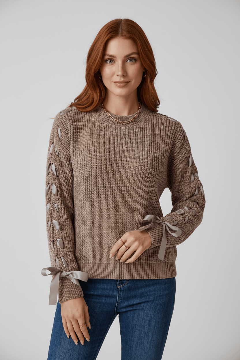 Women’s Relaxed Fit Ribbed Jumper with Lace-Up Sleeves