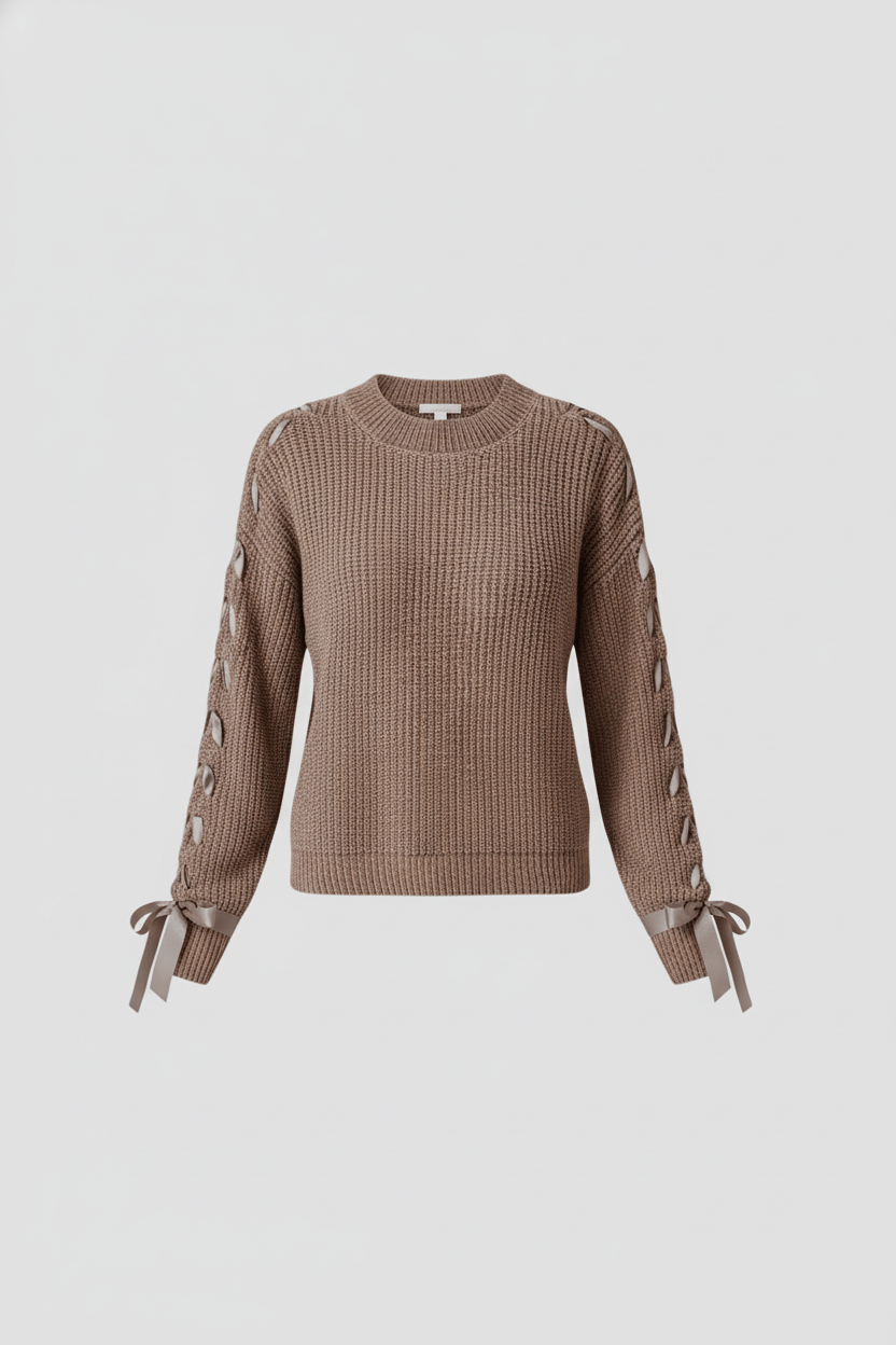 Women’s Relaxed Fit Ribbed Jumper with Lace-Up Sleeves