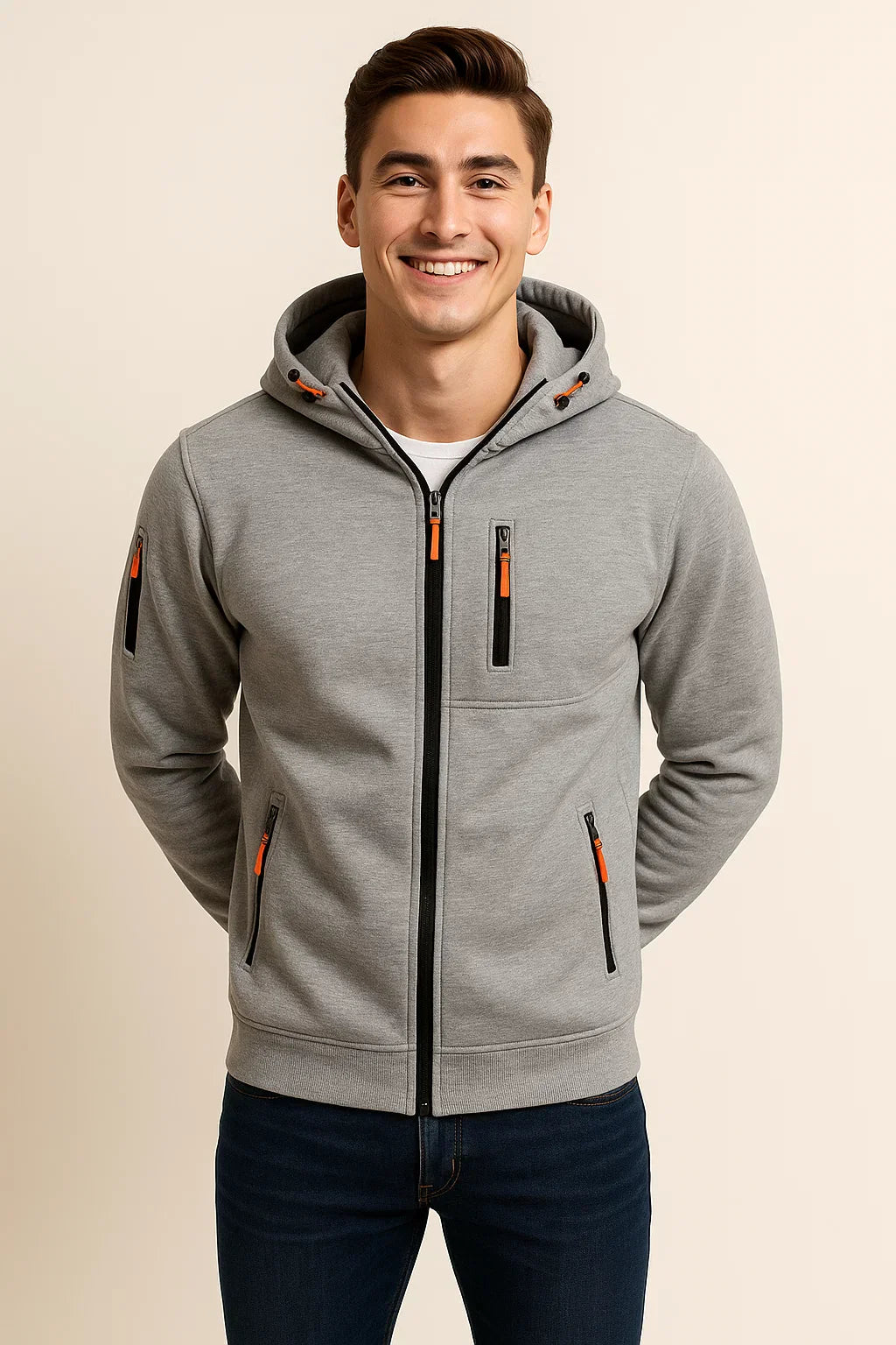 Men's Zip Hoodie with Multiple Pockets and Contrast Zipper Detail