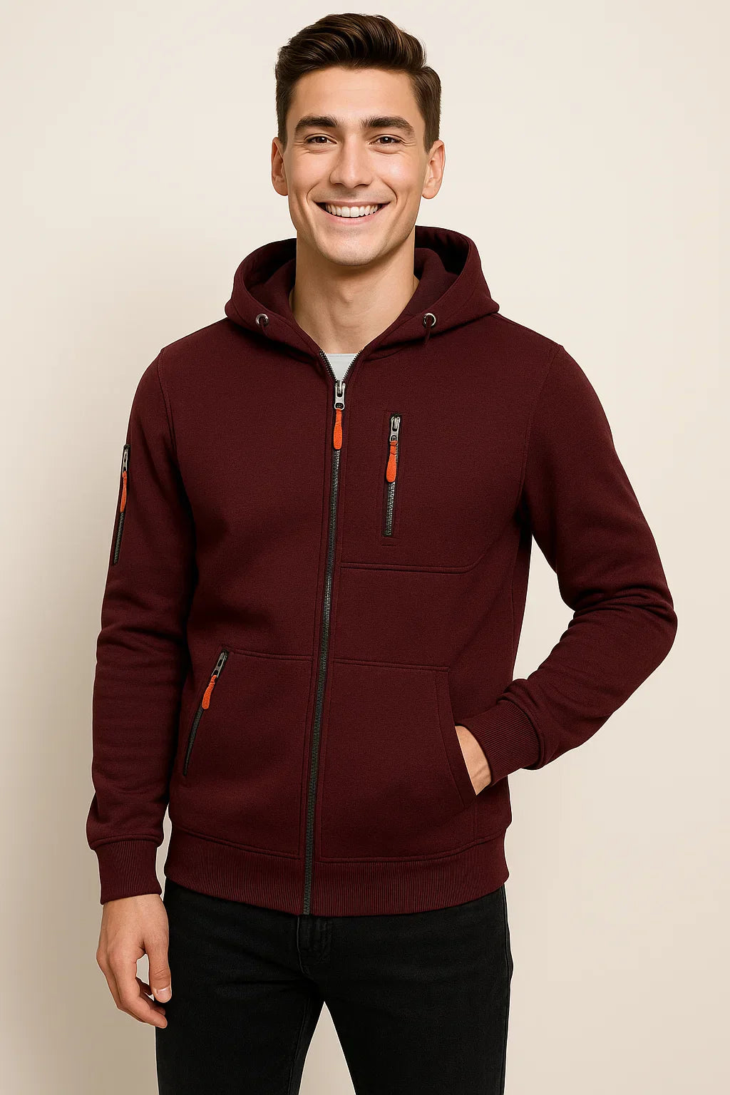 Men's Zip Hoodie with Multiple Pockets and Contrast Zipper Detail