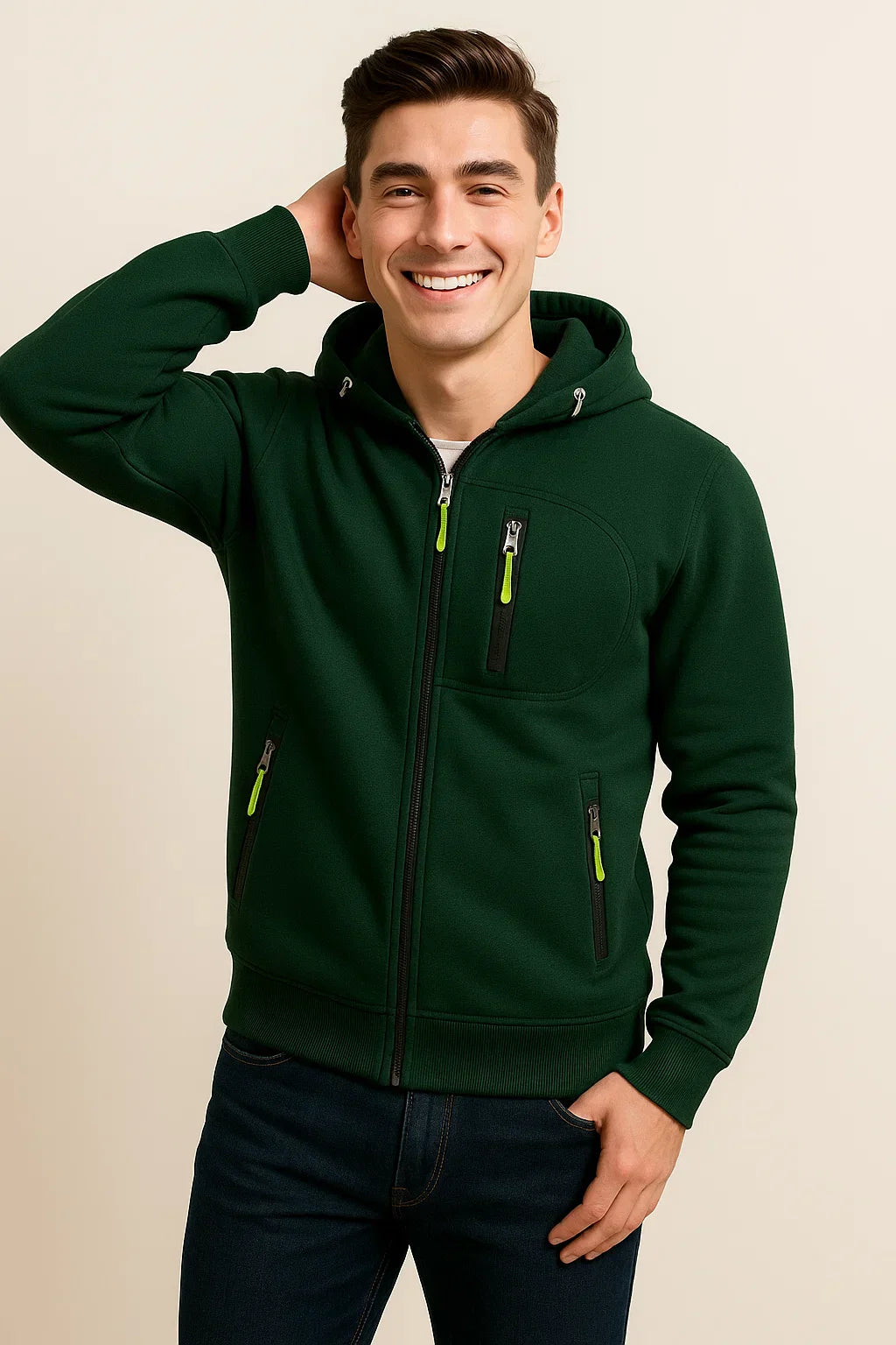 Men's Zip Hoodie with Multiple Pockets and Contrast Zipper Detail