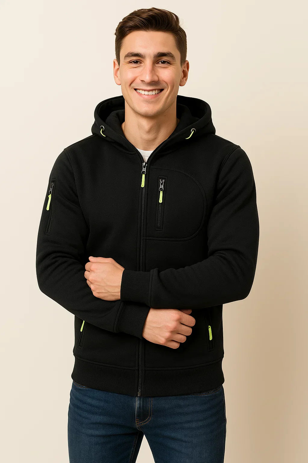 Men's Zip Hoodie with Multiple Pockets and Contrast Zipper Detail