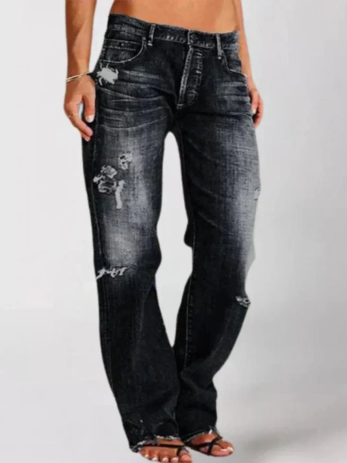 High-Waisted Straight-Leg Distressed Jeans