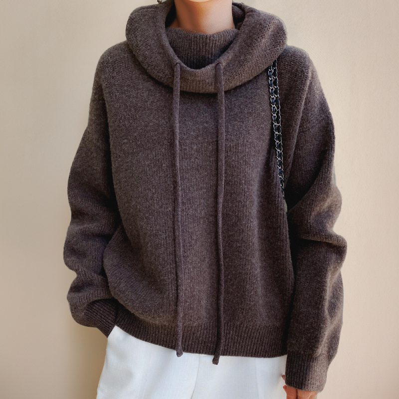 Oversized Knitted High-Neck Hoodie – Soft Casual Sweater with Drawstrings