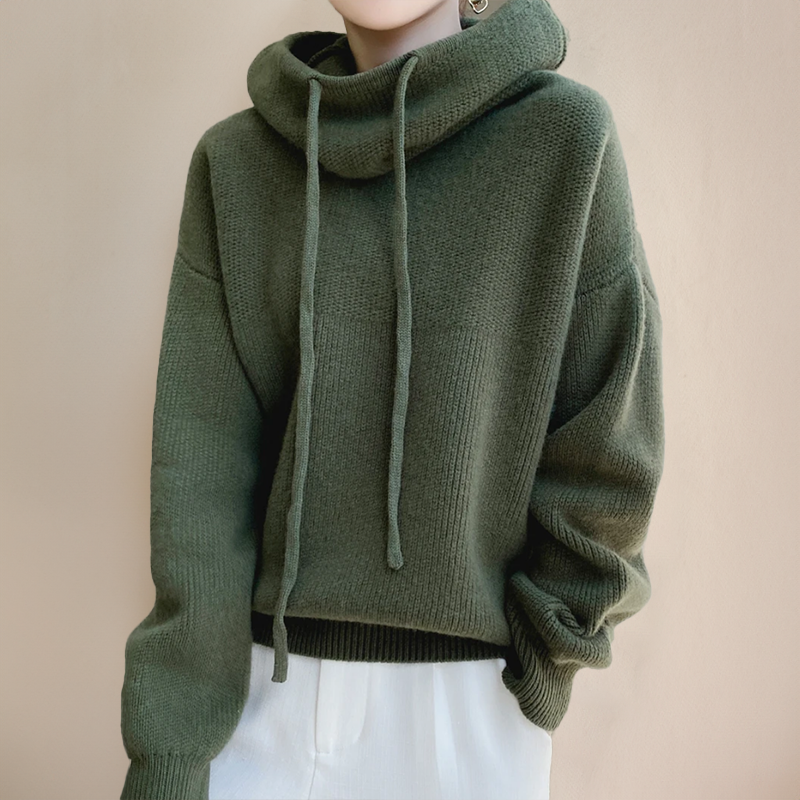 Oversized Knitted High-Neck Hoodie – Soft Casual Sweater with Drawstrings