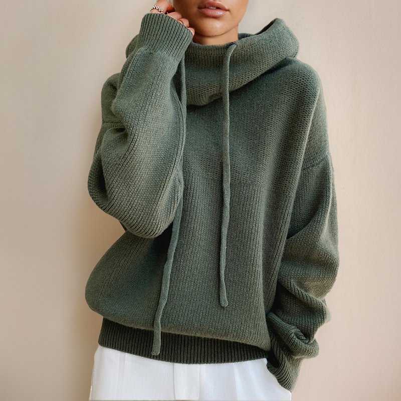 Oversized Knitted High-Neck Hoodie – Soft Casual Sweater with Drawstrings