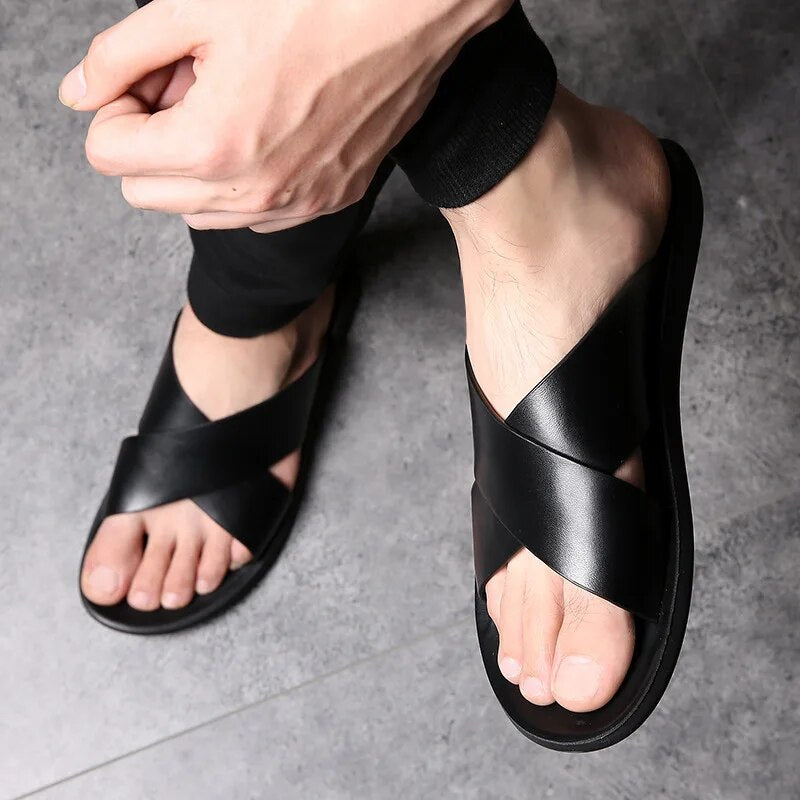 Men’s Cross Strap Leather Slides – Elegant Summer Comfort