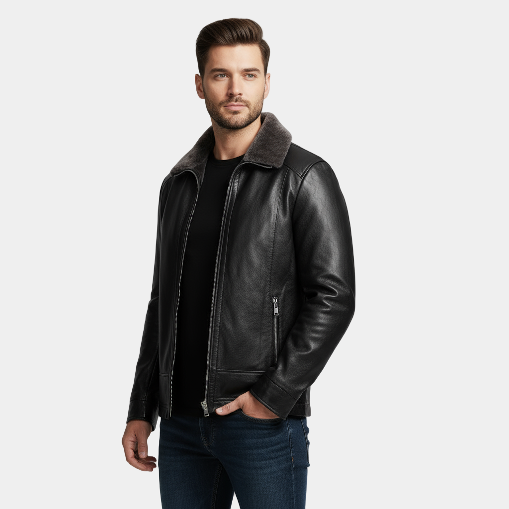 Men’s Leather Look Jacket with Shearling Collar – Premium, Warm & Timeless Style