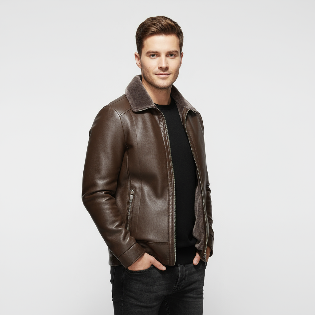 Men’s Leather Look Jacket with Shearling Collar – Premium, Warm & Timeless Style
