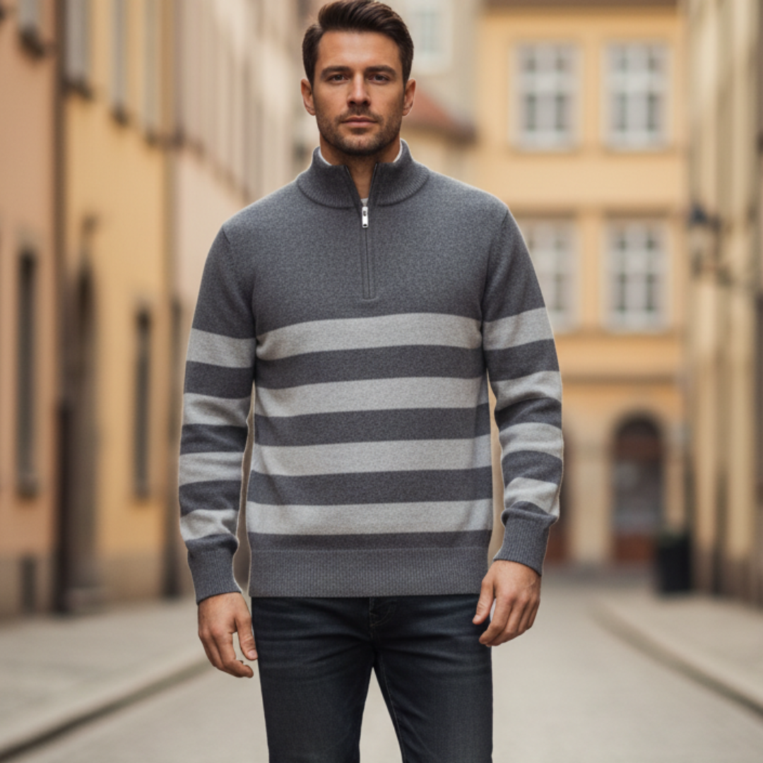Cambridge Striped Half-Zip Knit – Navy & Stone