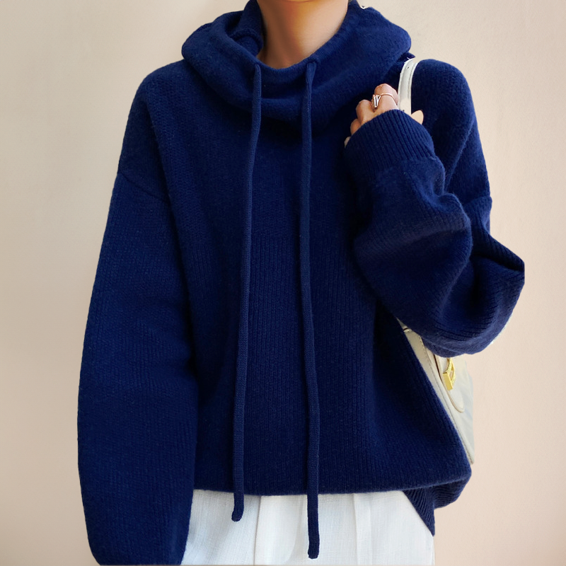 Oversized Knitted High-Neck Hoodie – Soft Casual Sweater with Drawstrings