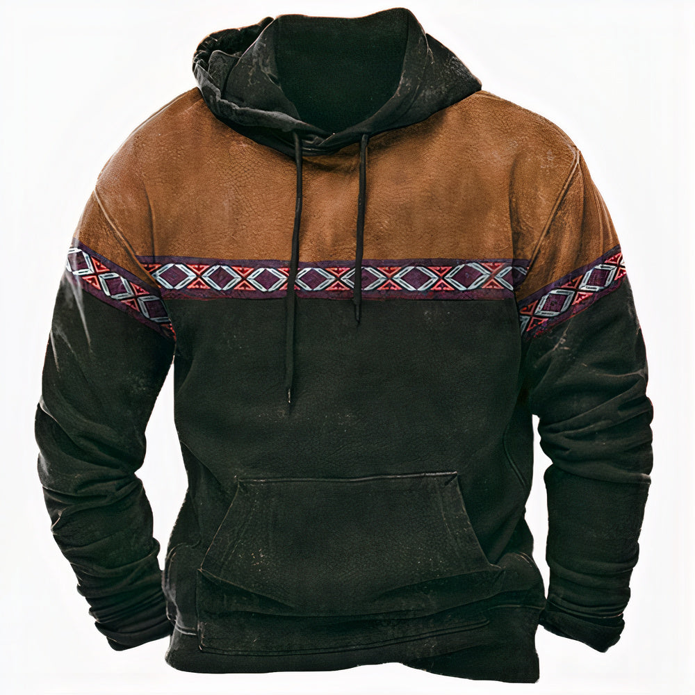 Men's Vintage-Inspired Hoodie with Ethnic Pattern Details