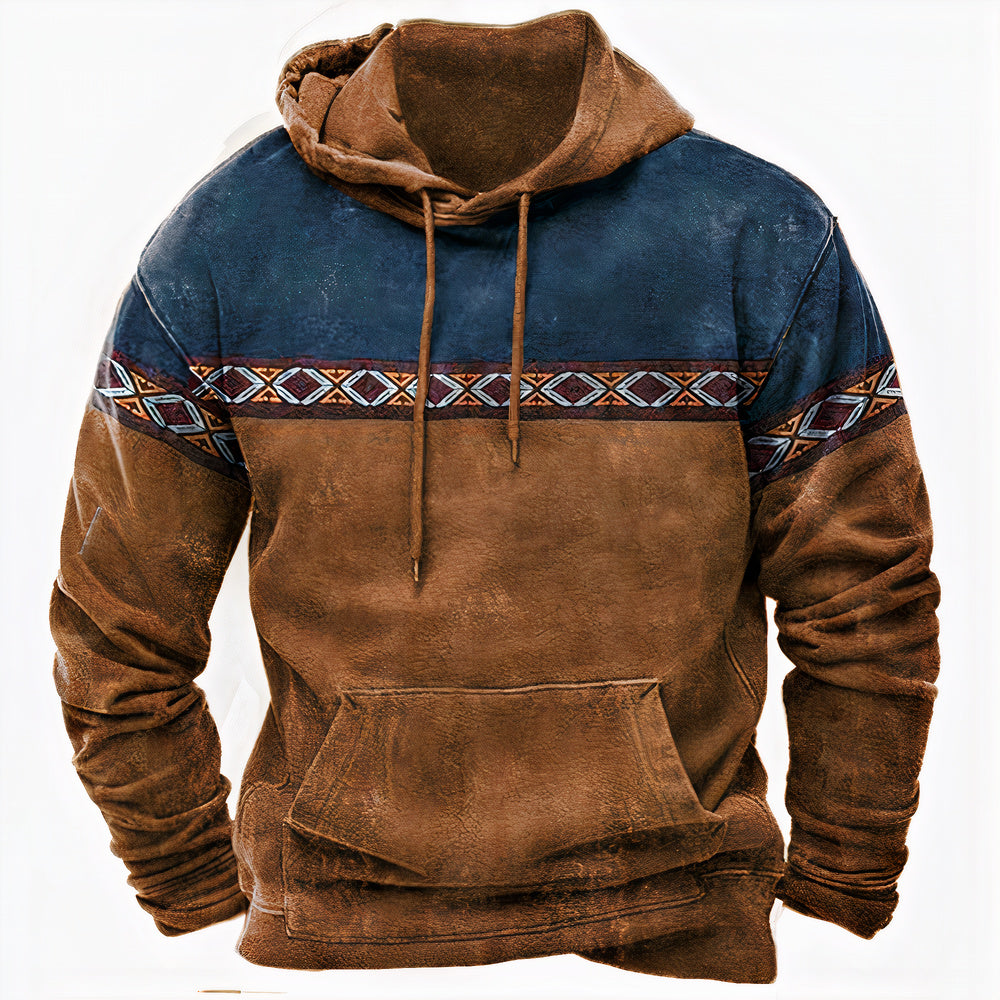 Men's Vintage-Inspired Hoodie with Ethnic Pattern Details