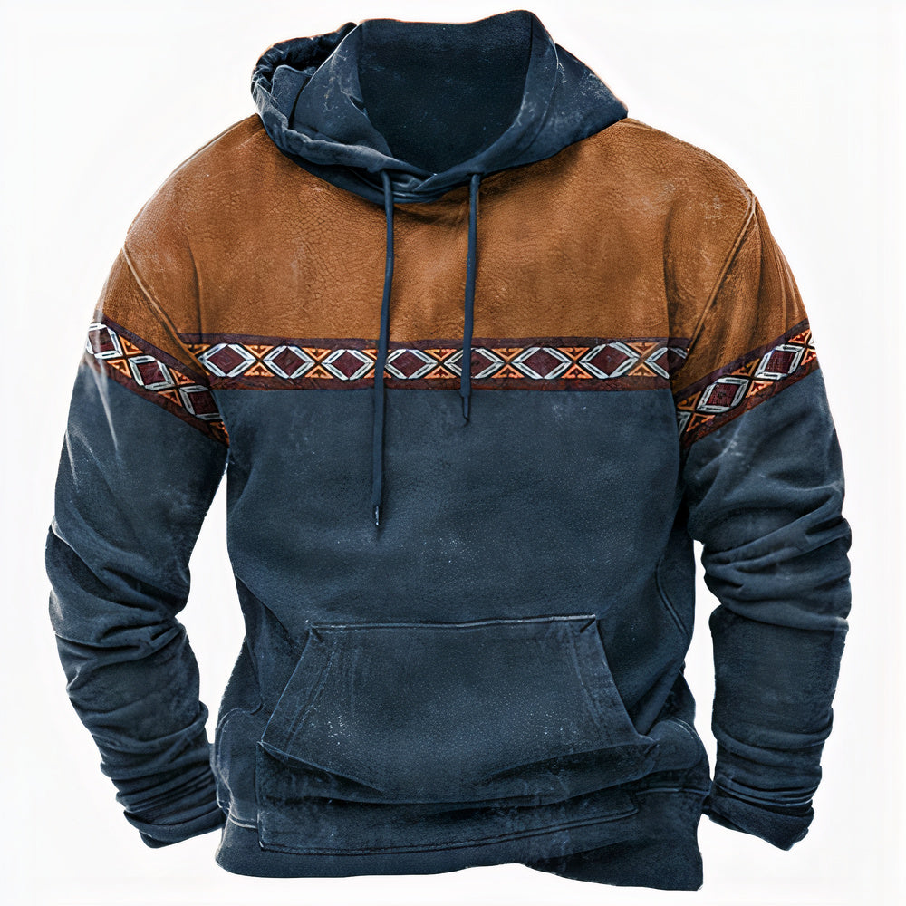 Men's Vintage-Inspired Hoodie with Ethnic Pattern Details