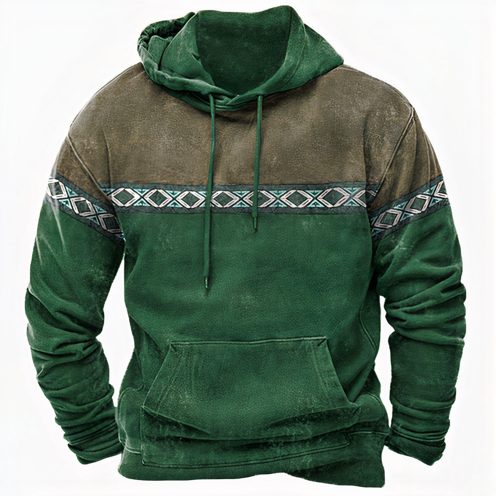 Men's Vintage-Inspired Hoodie with Ethnic Pattern Details