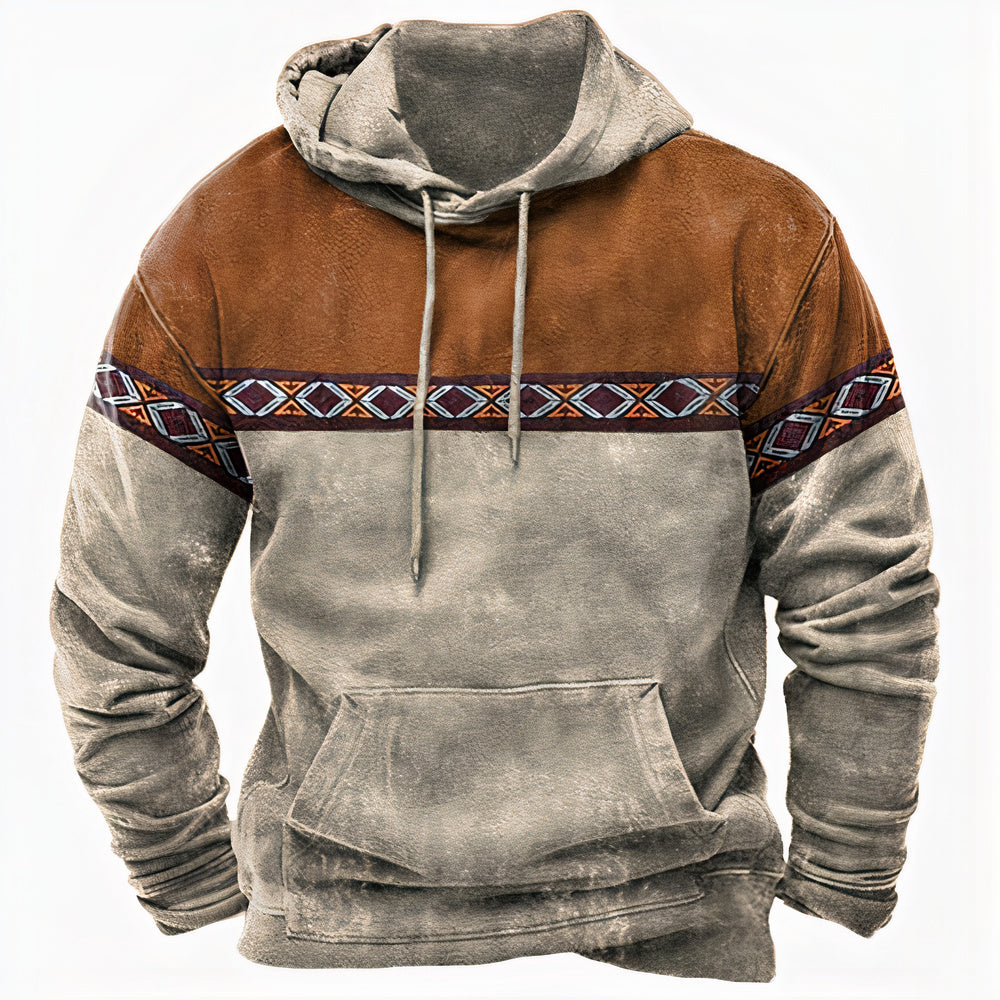 Men's Vintage-Inspired Hoodie with Ethnic Pattern Details